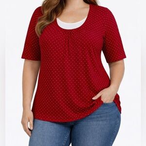 Lane Bryant Ladies + Sz 26/28 Red White Polka Dot ShortSleeve Cotton Stretch Top
